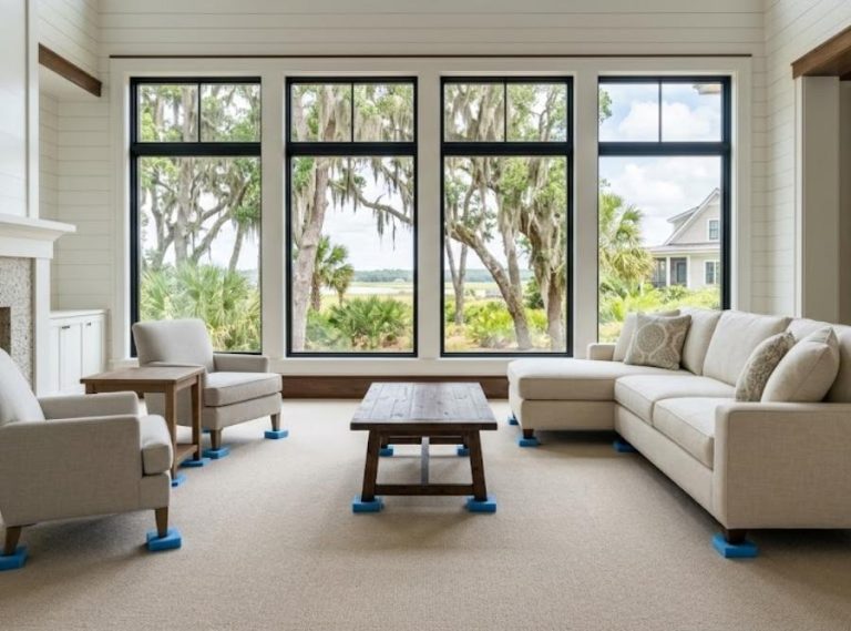 Living room prepared for carpet cleaning with protective foam blocks under furniture legs and Lowcountry views.