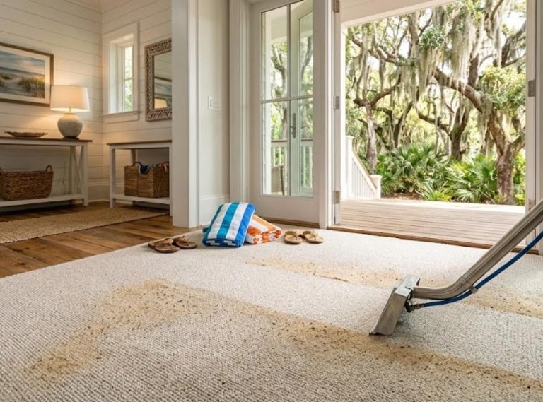 Professional carpet cleaning wand restoring sandy beige carpet in a bright coastal Lowcountry home in Bluffton, SC.