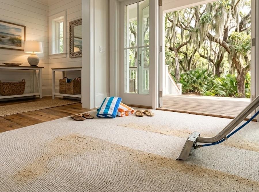 Professional carpet cleaning wand restoring sandy beige carpet in a bright coastal Lowcountry home in Bluffton, SC.