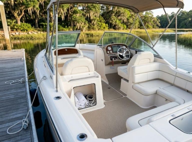 Clean marine carpet and bright white vinyl upholstery appear freshly cleaned and completely dry, with storage compartments open for ventilation