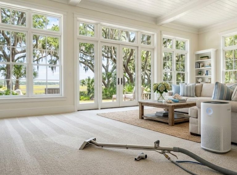Freshly cleaned carpet and air purifier in a coastal Bluffton, SC living room.