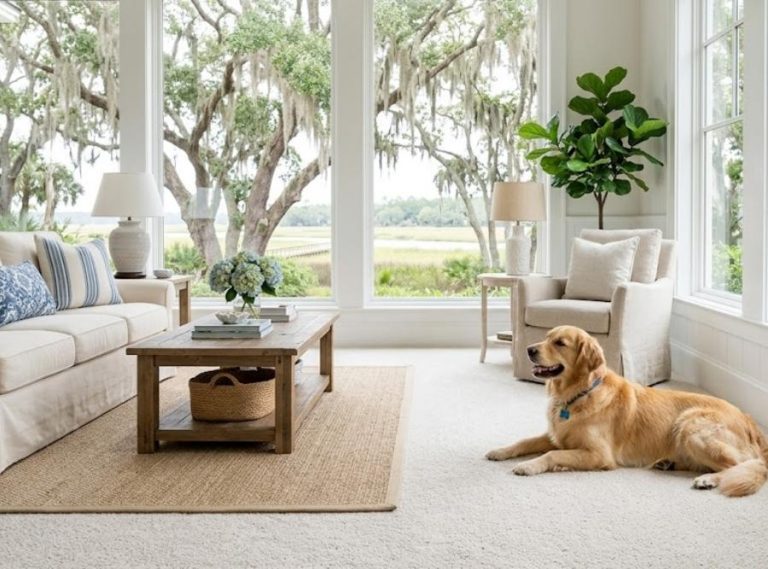 Bright Lowcountry coastal living room featuring freshly cleaned carpet and a golden retriever.