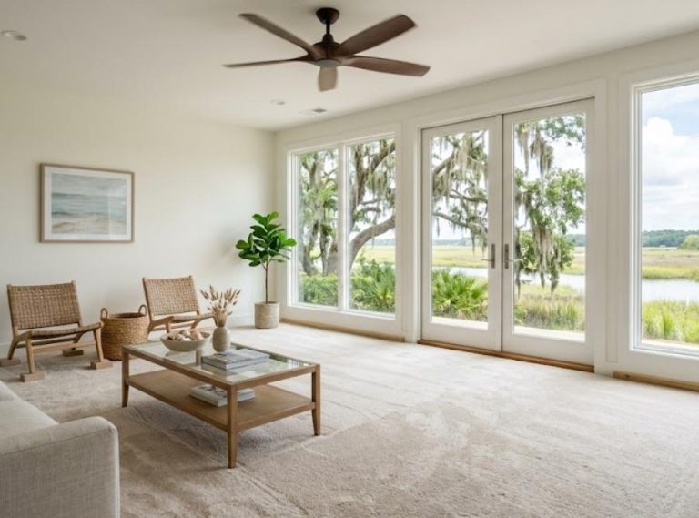 Freshly cleaned beige carpet in a bright Bluffton South Carolina living room