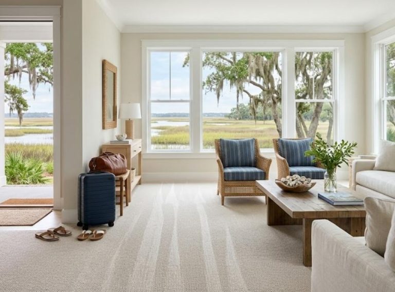 Freshly cleaned luxury Bluffton vacation rental living room with Lowcountry marsh views.