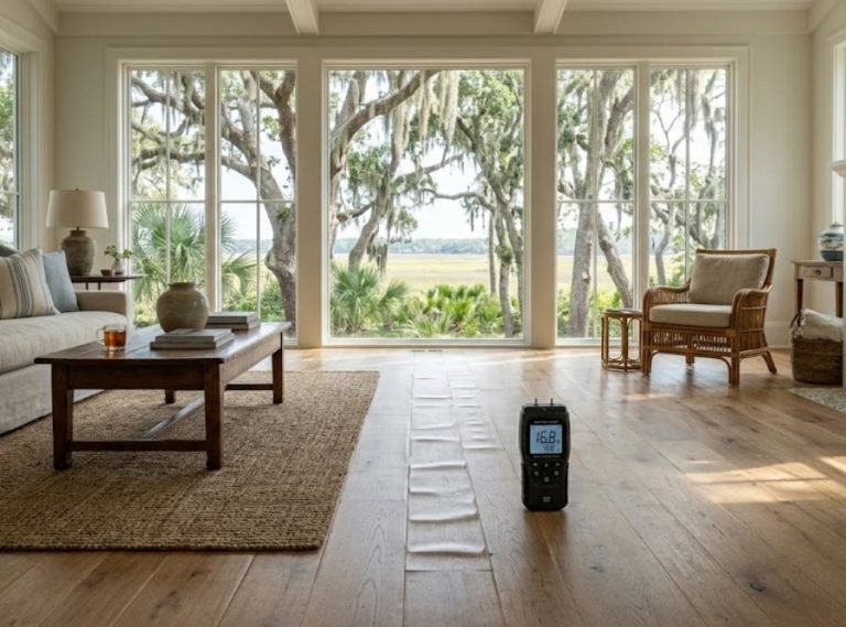 oak hardwood flooring with subtle cupping visible along several boards where natural sunlight highlights the raised edges