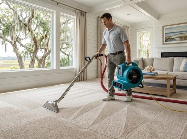 Professional carpet cleaning service in a bright Bluffton, SC Lowcountry home.