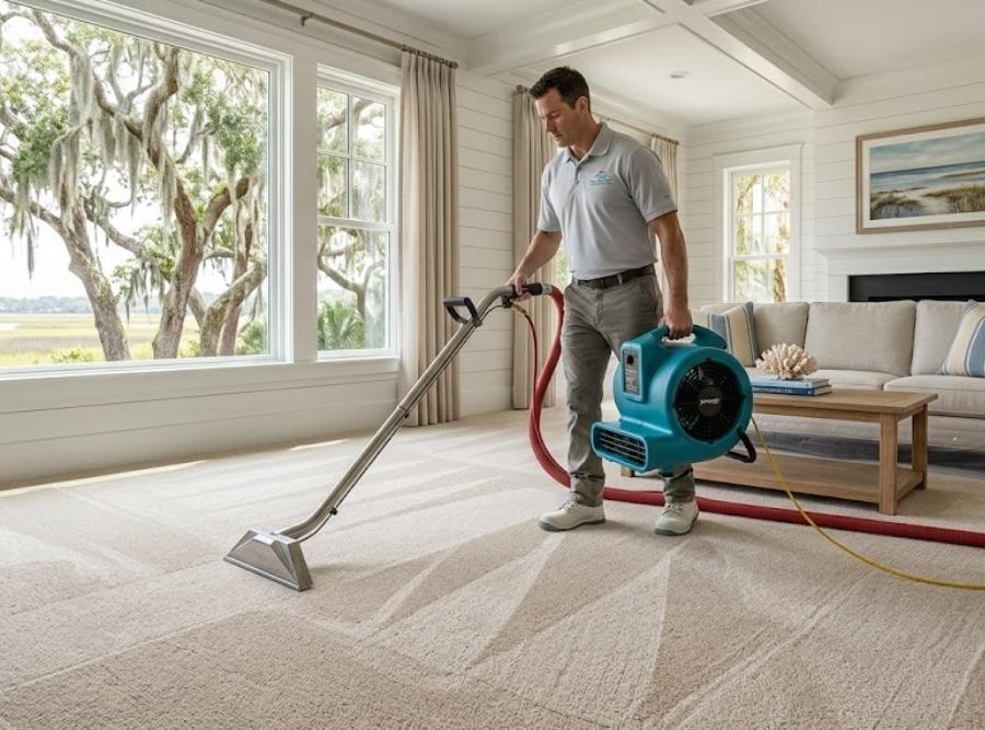 Professional carpet cleaning service in a bright Bluffton, SC Lowcountry home.